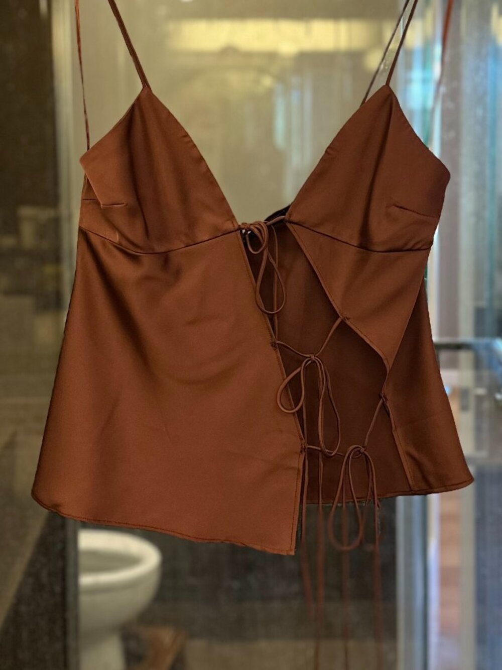 LIONESS Mariah Satin-Feel Asymmetric Cut-Out Tie-Front Cami Top (Garnet Brown) - Picture 12 of 16